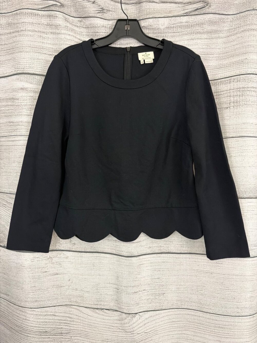 Kate Spade New York Black Scallop Hem Long Sleeve Zip Back Top Size 10